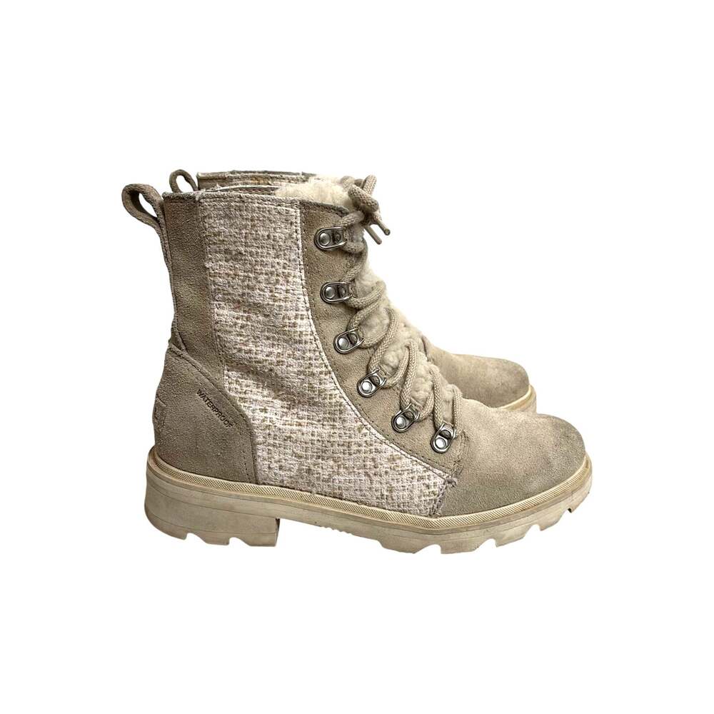 Sorel Boots Womens 6.5 Beige Lennox Lace Cozy Waterproof Shearling Lined Tweed